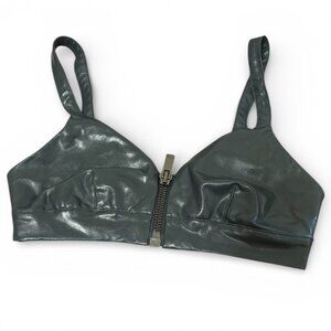 Alo Yoga Faux Leather Zip Front Sports Bra Shiny Gray Size S Athleisure